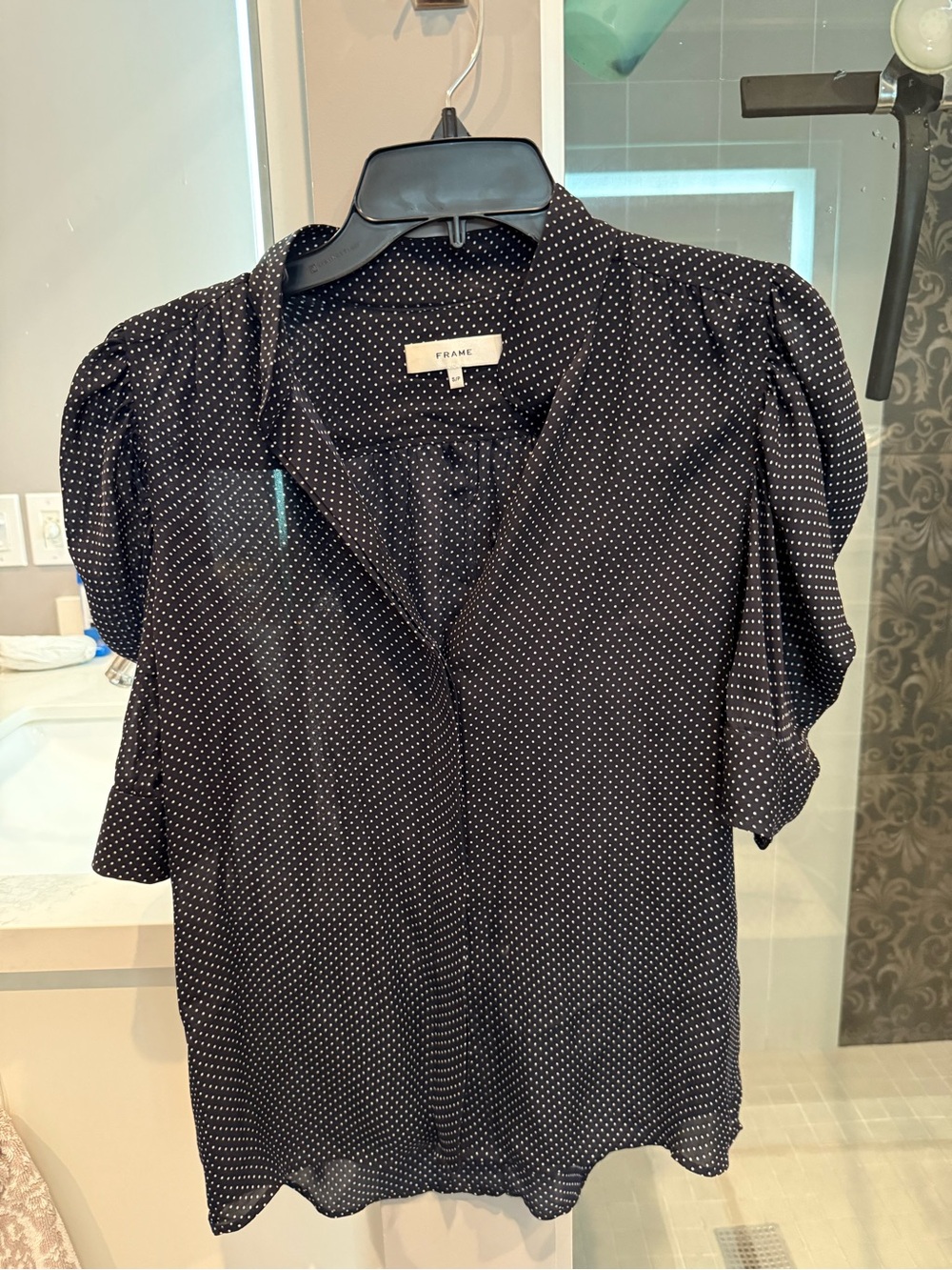 Frame Denim Black Polka Dot Puff Sleeve Blouse